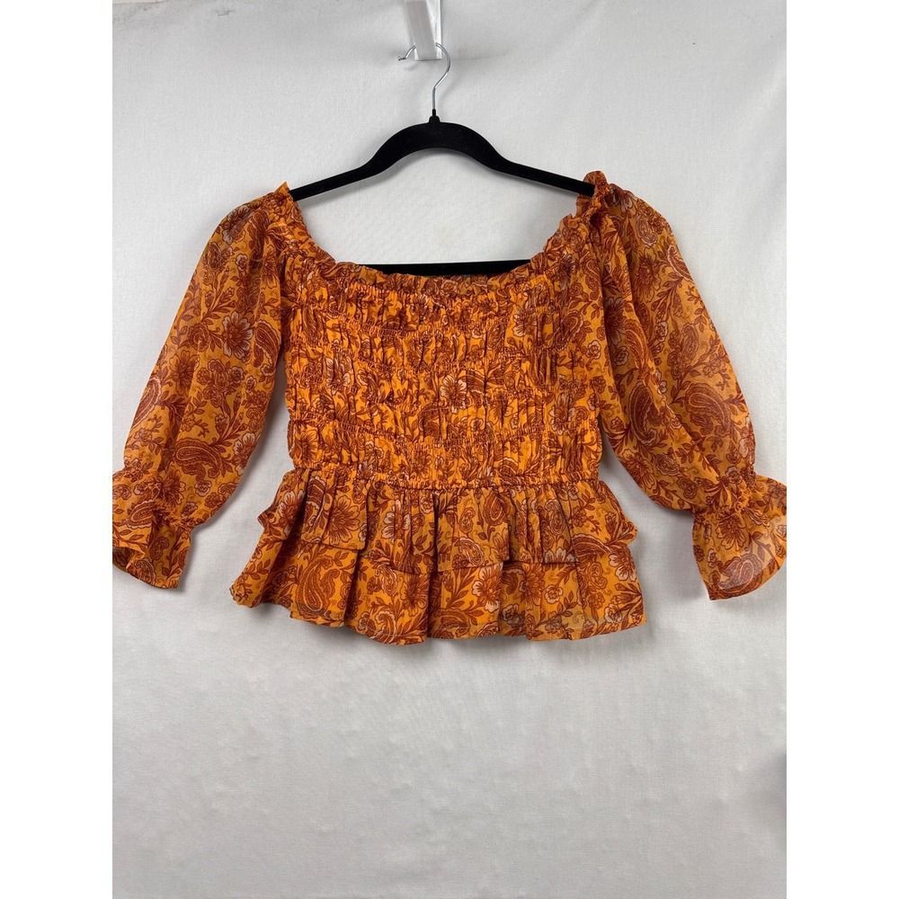Patrons of Peace Smocked Peplum Top Women XS Orange Paisley Boho Excellent Crop